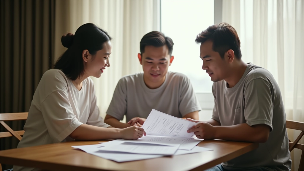 Malaysian households with family members discussing utility bills and monthly household budget planning