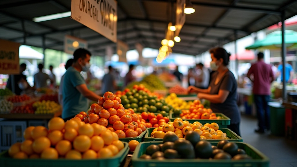 Market stall with price signs showing subsidised goods and consumer products