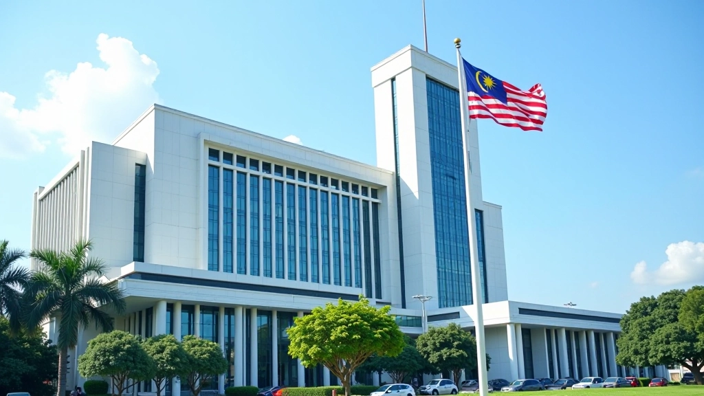 Government building with Malaysian flag, modern architecture representing federal finance ministry