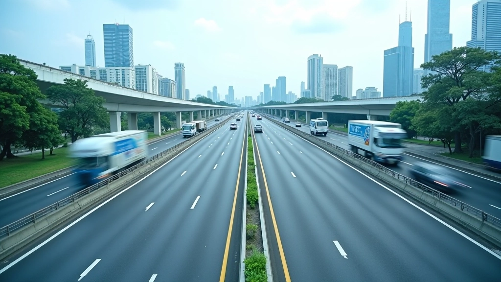Modern highway interchange with multiple lanes and traffic, urban infrastructure development