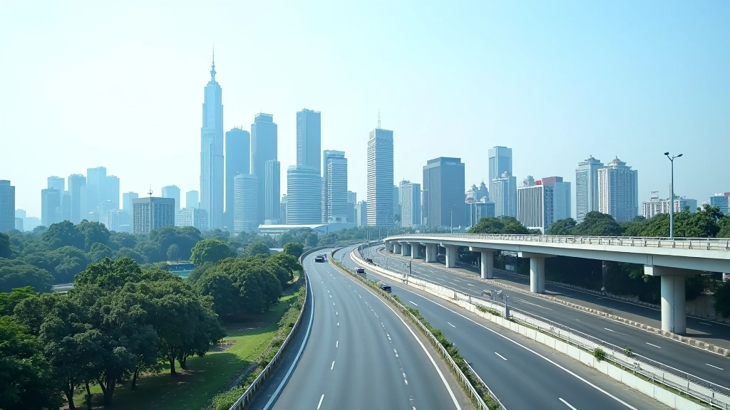 Urban skyline with modern infrastructure including elevated highways and contemporary buildings representing Malaysia's development