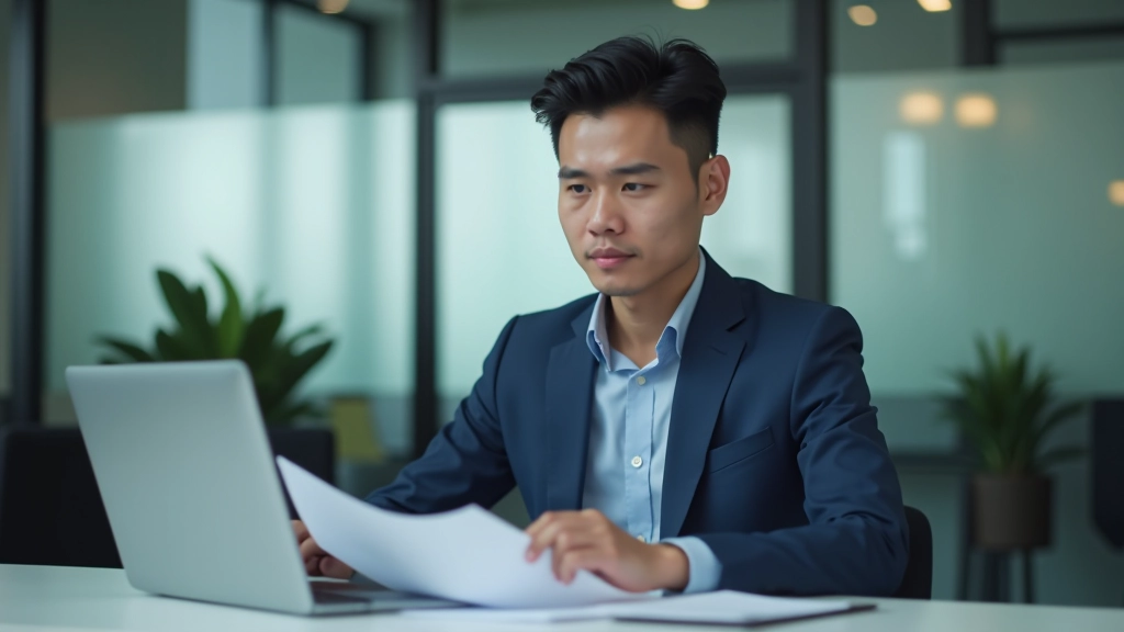 Modern office workspace with financial professionals reviewing economic reports and budget documents at desk